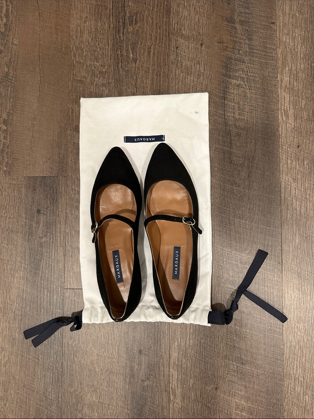 Margaux Black Suede Mary Jane Pointed Flats - size 38 EUC